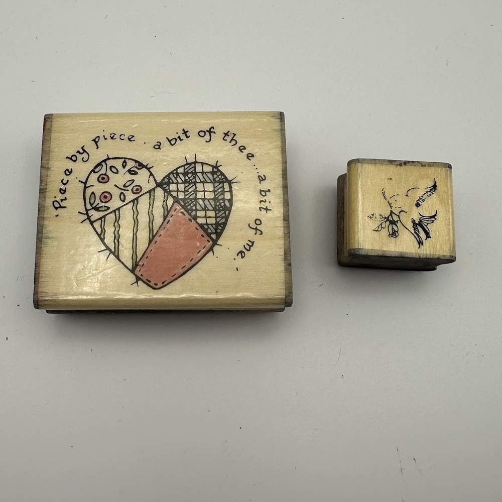 Uptown Sandi Gore Evans Patchwork Heart SG25070 Bird Wood Rubber Stamp Lot Of 2